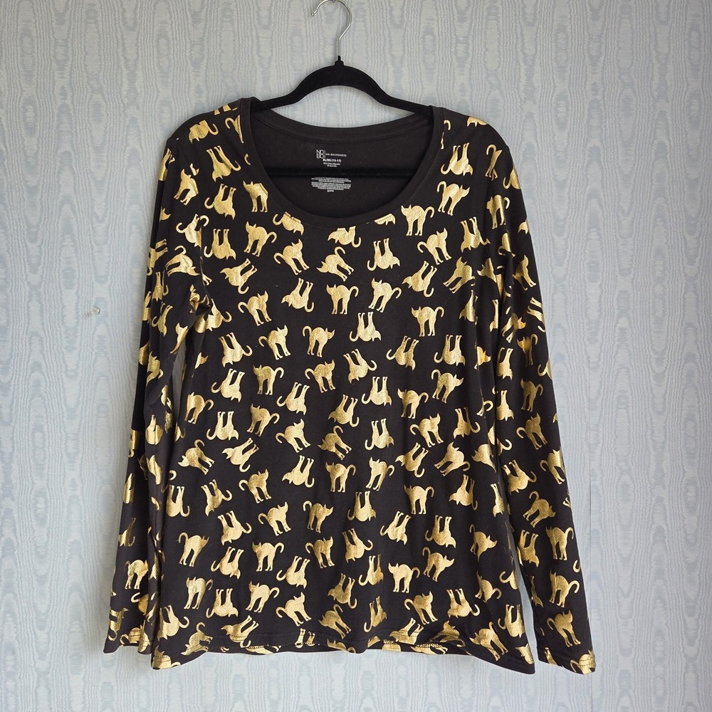 No Boundaries‎ XL Halloween Black Shirt Metallic Gold Cat Print Cotton Blend
